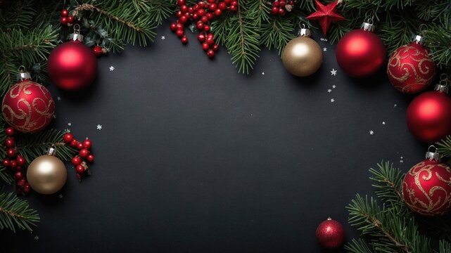 Fondo Navide&ntilde;o con Bolas y peque&ntilde;as hojas de abeto en la parte superior de una textura de pizarra para poder escribir alguna felicitaci&oacute;n.