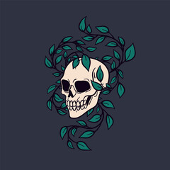 Skull with leaf vines, life and death symbol. Creepy mystical skeleton, scary spooky head bone in nature. Eerie retro-style horror, rebirth concept. Vintage hand-drawn graphic vector illustration
