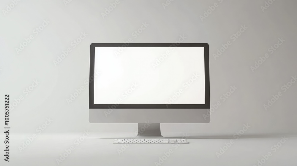 Poster a desktop computer showing a blank white screen on a clean white background, minimalistic and perfec