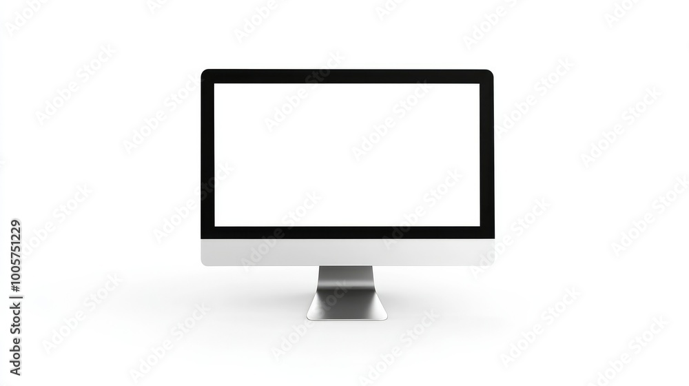 Poster a desktop computer showing a blank white screen on a clean white background, minimalistic and perfec
