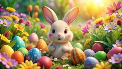 Fototapeta premium Cute cartoon bunny surrounded by colorful blossoms and decorative Easter eggs, embodying the cheerful essence of