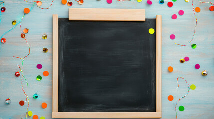 Chalkboard with colorful decorations and festive elements, conveying a cheerful atmosphere.