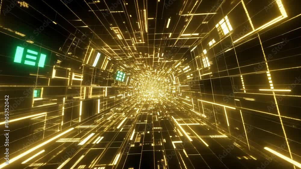 Poster exploring a futuristic tunnel of golden light and abstract patterns generative ai