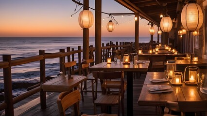 A cozy seaside restaurant at sunset, with outdoor seating on a wooden deck overlooking the ocean, soft lanterns hanging, and waves gently crashing in the background.