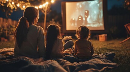 Family watching a movie outdoors at night