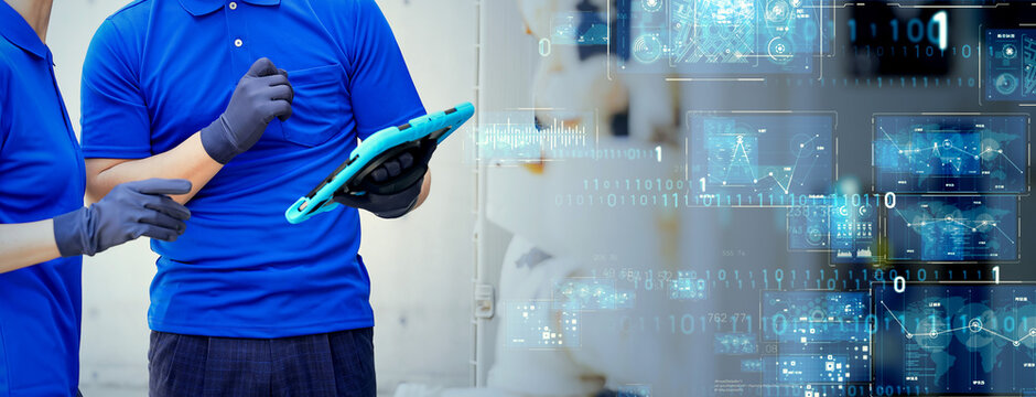 Mixed media of engineer inspecting factory machines and piping and digital technology concept. Wide angle visual for banners or advertisements.