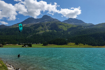 Kitesurfers on lake Silvaplanersee, Switzerland. 19.08.2024