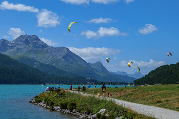 Kitesurfers on lake Silvaplanersee, Switzerland. 19.08.2024 © Pawel 