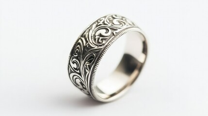A detailed view of a silver ring with beautiful engravings, isolated on a clean white background, highlighting the skill and precision in its craftsmanship.