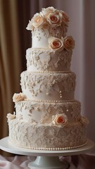 A luxurious multi-tiered wedding cake adorned with delicate sugar flowers, pearls, and lace-like frosting, set against a romantic, fairy-tale backdrop