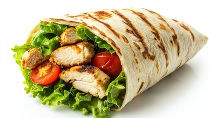 A fresh chicken wrap filled with grilled chicken, lettuce, and tomatoes, tightly rolled and neatly placed on a white background for a clean, healthy food presentation.