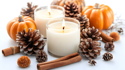 Fall-scented candles in a cozy autumnal setting with cinnamon sticks, pine cones, and mini pumpkins