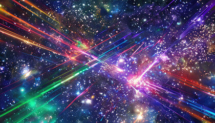Obraz premium Vibrant digital wallpaper featuring a cosmic background filled with stars and galaxies, enhanced by colorful laser lights creating dynamic patterns across the scene.