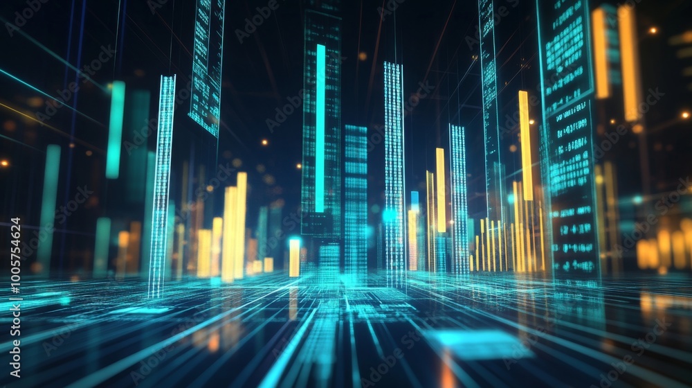 Poster a futuristic 3d bar graph with semi-transparent bars in various shades of blue and green, with digit