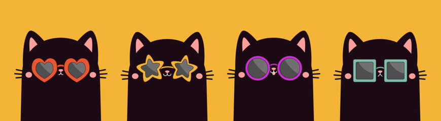 Black cat set wearing sunglass eyeglasses. Kitten in eyeglass. Star, heart, round square shape sunglasses lenses. Cute cartoon kawaii funny character. Flat design Yellow background Vector illustration