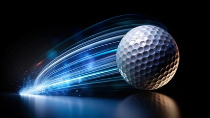 Dynamic motion of a golf ball gliding through space, its radiant trail illuminating the dark background, embodying the