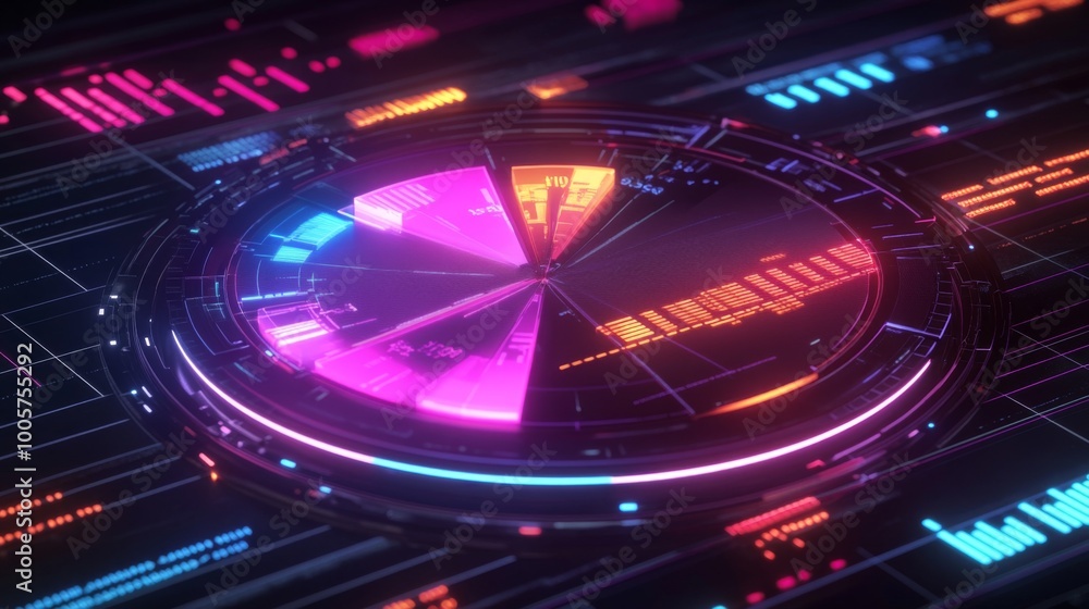 Poster a futuristic financial pie chart with neon-colored segments and data points, representing profit mar