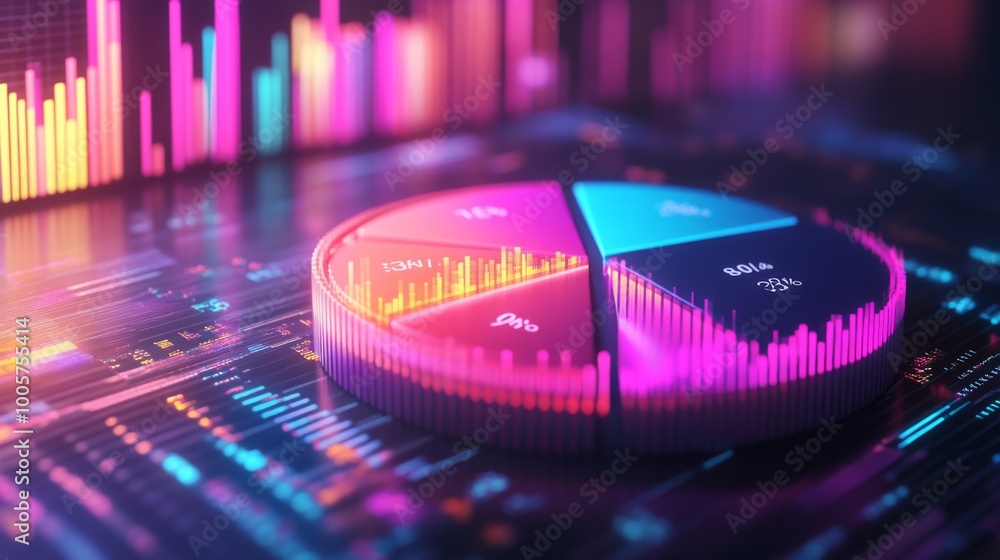 Poster a futuristic financial pie chart with neon-colored segments and data points, representing profit mar