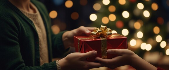 A close-up of a couple's hands holding a wrapped gift in front of a glowing Christmas tree, with bokeh lights creating a festive, cozy atmosphere