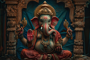 Fototapeta premium Beautiful greeting card with bright holiday composition for happy celebrate Ganesh Chaturthi