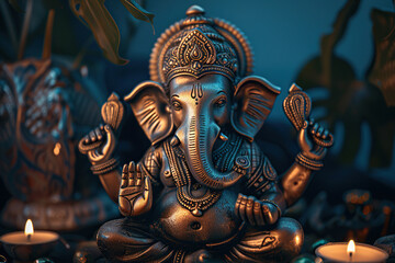 Obraz premium Beautiful greeting card with bright holiday composition for happy celebrate Ganesh Chaturthi
