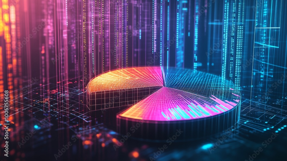 Aufkleber a futuristic financial pie chart with neon-colored segments and data points, representing profit mar