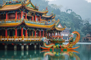 Naklejka premium Beautiful greeting card with holiday composition for celebrate chinese dragon boat festival