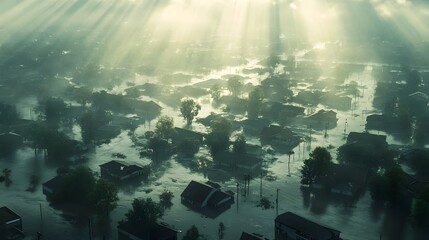 Aerial view of a flood ravaged suburban community with flooded streets and partially submerged houses highlighted by the sun s rays breaking through the cloudy dramatic sky