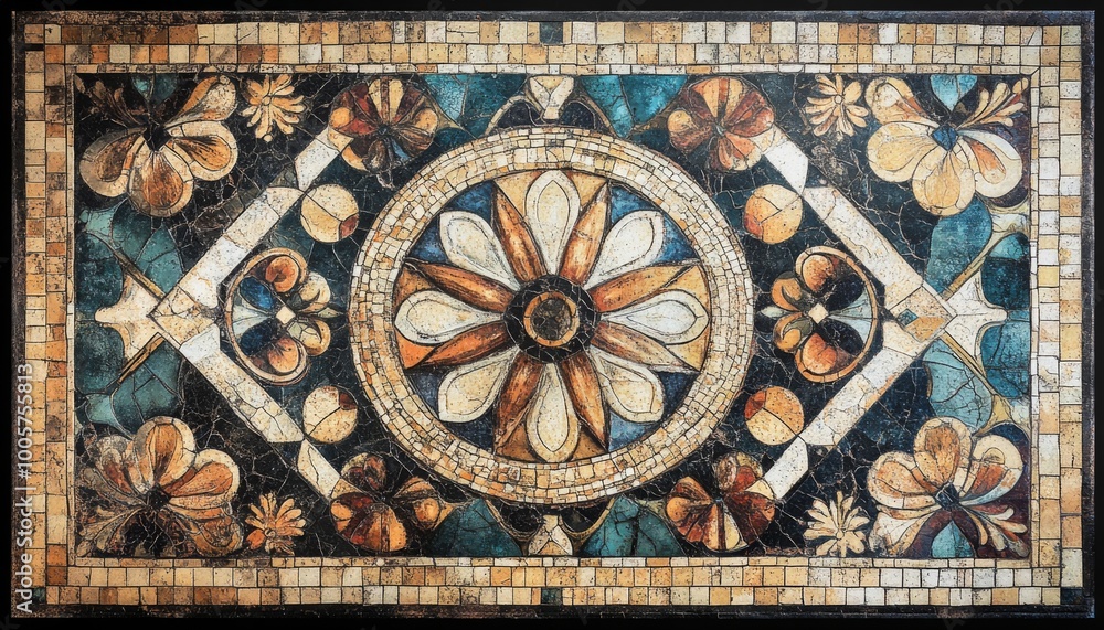 Poster a colorful mosaic with a central floral design surrounded by other intricate patterns.
