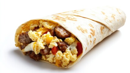 A hearty breakfast wrap filled with scrambled eggs, sausage, and cheese, wrapped tightly and placed on a clean white background for a fresh morning meal look.