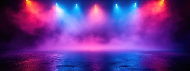 Empty Stage with Colorful Spotlights, Fog Effect, and Purple-Blue Lights for Presentation or Concert