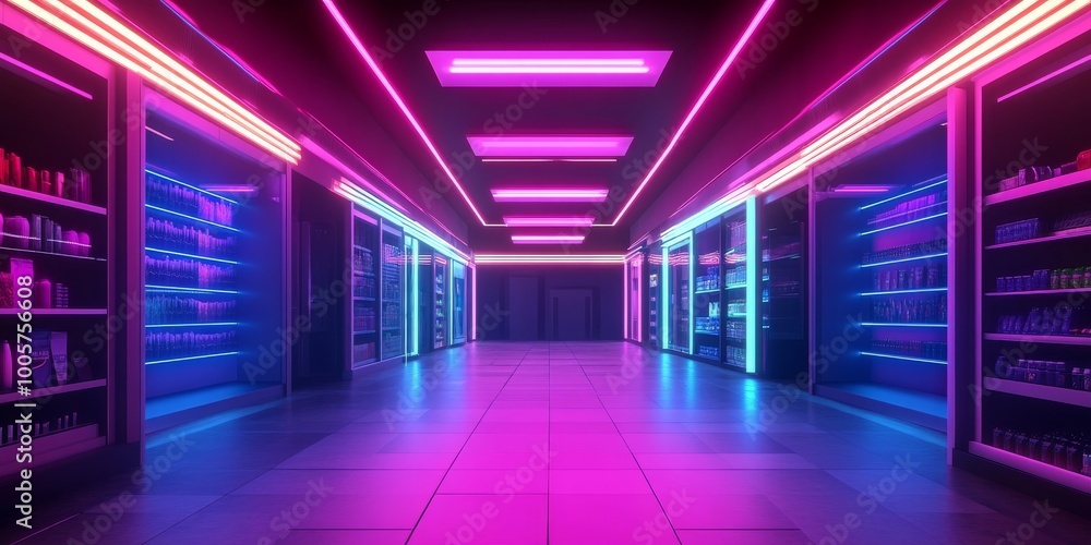 Poster A neon-lit room with shelves of brightly colored products