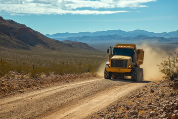 A yellow dump truck is driving down a dirt road in a desert. The truck is covered in dust and the road is rocky. The scene is desolate and rugged, with no signs of civilization in sight
