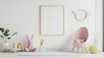 A modern children's room with a mockup frame on a white wall, pastel furniture, and playful elements, ready for showcasing kids' posters or artwork.