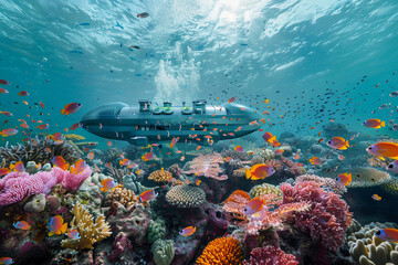Fototapeta premium Beautiful large bathyscaphe floating in middle of ocean during exploration