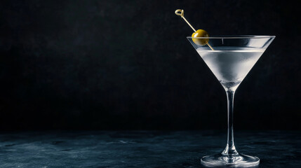 classic martini cocktail, chilled and perfectly clear, garnished with olive, exudes elegance and sophistication in dimly lit setting