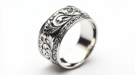 A silver ring featuring exquisite engravings, captured in a close-up view on a pristine white background to accentuate its fine craftsmanship and design.