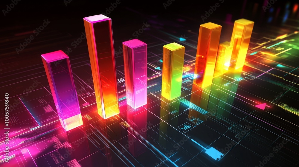 Fototapete a high-tech 3d bar chart with colorful, reflective bars and a dark gradient background, representing