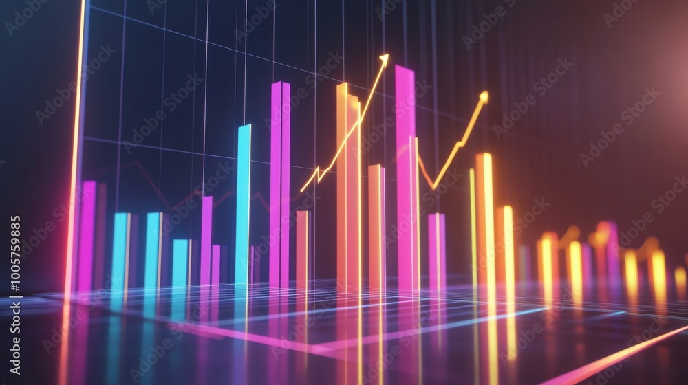 Poster a high-tech 3d bar chart with colorful, reflective bars and a dark gradient background, representing