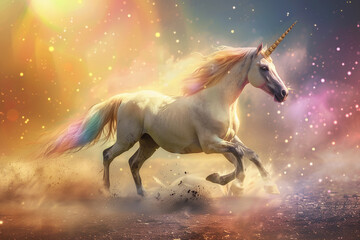 Fantastically beautiful mythological pink unicorn with long horn