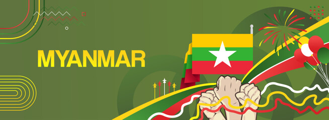 Myanmar national or independence day modern banner with flag. Abstract background for national holiday celebration, greeting card, sport and music event poster. Horizontal templates