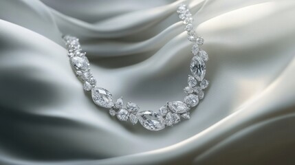 A luxurious diamond necklace draped elegantly over a smooth white fabric, emphasizing the craftsmanship and luster of the diamonds in a sophisticated setting.