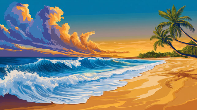 vibrant beach scene featuring waves crashing on shore, palm trees swaying, and colorful sunset sky filled with clouds. serene atmosphere evokes sense of tranquility and beauty. 