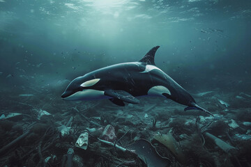 Naklejka premium Fantastically beautiful majestic huge whale in ocean