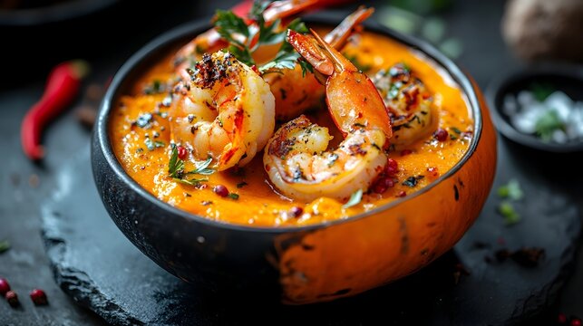Delectable Shrimp Cooked in Pumpkin with Coconut Milk and Spices on Elegant Black Stone Plate