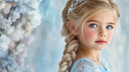 Fototapeta premium young girl with long braided hair and blue eyes, wearing light blue dress, surrounded by soft floral backgrounds, exuding serene and enchanting aura. 