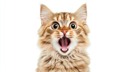 A startled and angry cat with a hilarious wide-eyed, open-mouth expression, frozen mid-movement, isolated against a clean white background.