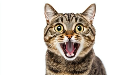 A startled and angry cat with a hilarious wide-eyed, open-mouth expression, frozen mid-movement, isolated against a clean white background.
