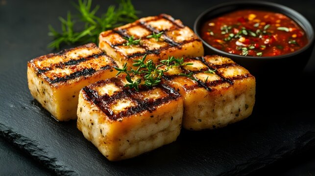 Grilled Queijo Coalho Cheese with Sweet and Spicy Sauce Artfully Presented on a Simple Black Stone Plate