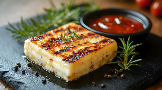 Grilled Queijo Coalho Cheese Served with Sweet and Spicy Sauces on a Simple Black Stone Plate